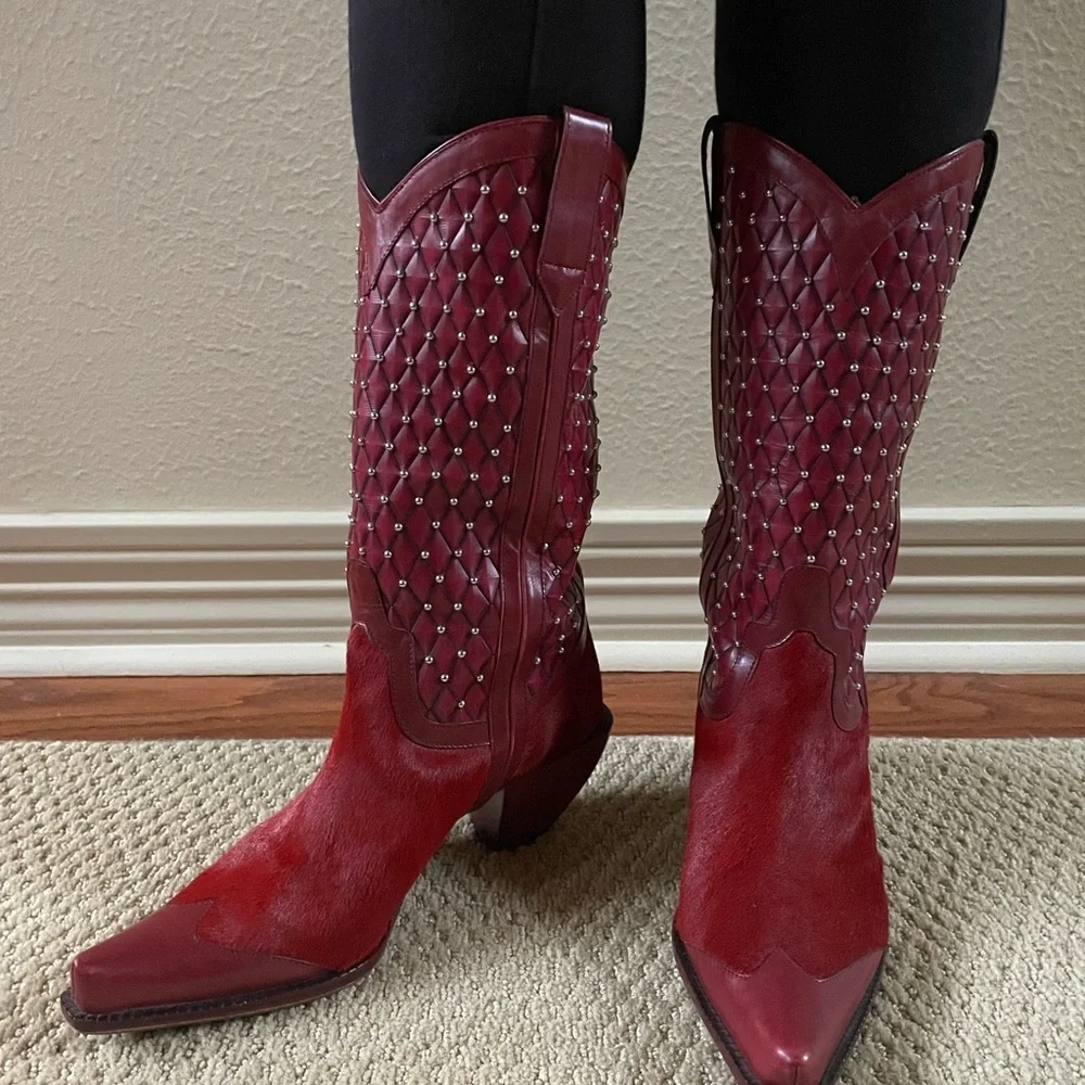 RARE Donald Pliner Ruby Red Hair On Hide Western Boots (8) - Picture 2 of 14